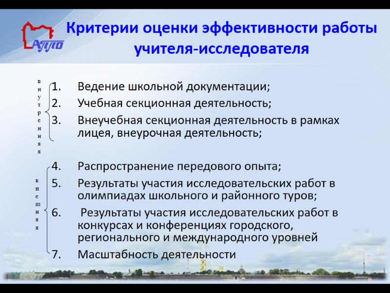 Критерии оценки эффективности работы учителя-исследователя Ведение школьной документации; Учебная секционная деятельность; Внеучебная секционная деятельность